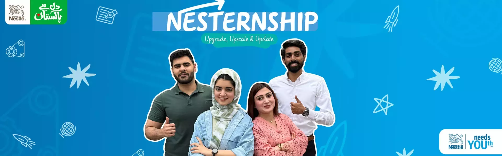 Nesternship program banner showing young professionals with Nestlé branding on a blue background